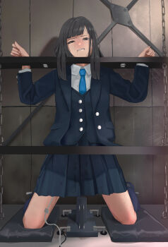 1girl absurdres bdsm blazer blue_necktie bondage bound clenched_teeth collared_shirt crying crying_with_eyes_open forced_orgasm grey_eyes grey_hair highres implied_sex jacket kneeling looking_at_viewer necktie open_mouth orgasm original pillory pleated_skirt po-i-mu pussy_juice rape restrained school_uniform separated_arms separated_legs sex_machine shirt skirt solo stationary_restraints tears teeth vest white_shirt
