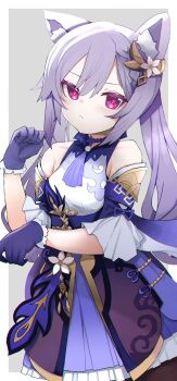 1girl animal_ear_fluff animal_ears bare_shoulders black_pantyhose blush breasts cat_ears choker closed_mouth diamond-shaped_pupils diamond_(shape) dress flower frilled_gloves frills genshin_impact gloves hair_between_eyes hair_flower hair_ornament highres izuoku keqing_(genshin_impact) long_hair looking_at_viewer medium_breasts neck_tassel pantyhose purple_choker purple_dress purple_eyes purple_gloves purple_hair solo symbol-shaped_pupils tassel twintails very_long_hair