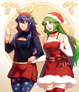 2girls antlers blue_dress blue_eyes blue_hair breasts christmas christmas_dress crossover dress fire_emblem fire_emblem_awakening frogbians green_eyes green_hair hat highres holding_hands horns kid_icarus long_hair lucina_(fire_emblem) multiple_girls nintendo open_mouth palutena