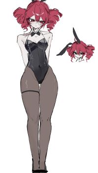 1girl absurdres ahoge animal_ears black_leotard drill_hair fake_animal_ears feet_out_of_frame hair_between_eyes highleg highleg_leotard highres kasane_teto kasane_teto_(sv) leg_focus leotard pantyhose playboy_bunny rabbit_ears red_eyes red_hair simple_background solo synthesizer_v twin_drills ummwa utau