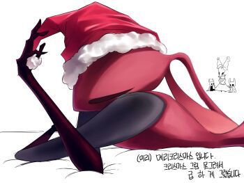 2girls 2others ant_girl arthropod_girl black_eyes cloak closed_eyes colored_skin from_side hat highres hollow_knight hollow_knight:_silksong hornet_(hollow_knight) knight_(hollow_knight) lying multiple_girls multiple_others on_stomach onehundredg100 red_hat red_skin santa_hat skarrsinger_karmelita_(hollow_knight) solo_focus standing translation_request