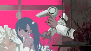 1girl adjusting_another&#039;s_hair alternate_costume alternate_eye_color bare_shoulders black_eyes bleeding blood blood_on_wall blood_splatter blue_hair body_writing cosplay curtains cuts derivative_work dress drying drying_another&#039;s_hair drying_hair drying_own_hair elbow_gloves gloves grin hair_dryer halter_dress halterneck hanging hatsune_miku highres holding holding_hair_dryer indoors injury jewelry long_hair own_hands_together pink_background ring rope severed_arm severed_limb sleeveless sleeveless_dress smile solo table trtmtrn twintails upper_body vocaloid wedding_ring white_dress white_gloves window zuutto_issho_(kitani_tatsuya)