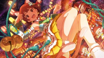 1girl animal_ears arm_up bell bell_earrings brown_eyes brown_hair cat_ears cat_tail commentary_request detached_sleeves dress earrings festival from_below game_cg hair_ornament idolmaster idolmaster_million_live! idolmaster_million_live!_theater_days jewelry long_sleeves looking_at_viewer multicolored_dress multiple_tails neck_bell night nonohara_akane official_alternate_costume official_art open_mouth outdoors short_hair smile solo_focus standing tail third-party_source two_tails