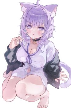 1girl absurdres ahoge animal_ear_fluff animal_ears blush breasts cat_ears cat_girl cat_tail cleavage commentary_request highres hololive large_breasts looking_at_viewer navel nekomata_okayu nekomata_okayu_(oversized_shirt) nishiro_hato official_alternate_costume purple_eyes purple_hair smile solo tail virtual_youtuber