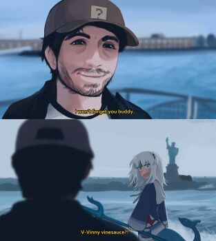 1boy 1girl adversarial_noise artist_name baseball_cap black_eyes black_hair black_shirt blue_eyes blue_hair blue_hoodie blurry blush brown_hat depth_of_field english_text facial_hair fins fish_tail gawr_gura hat highres holding holding_polearm holding_weapon hololive hololive_english hood hood_down hoodie layered_shirt long_hair long_sleeves looking_at_another marvel multicolored_hair multiple_views ocean outdoors polearm print_headwear railing shark_girl shark_tail sharp_teeth shirt short_hair sony's_spider-man_universe spider-man_(series) statue_of_liberty straight_hair streaked_hair tail teeth trident two-tone_hair upper_body venom:_the_last_dance vinesauce vinny_(vinesauce) virtual_youtuber weapon white_hair white_hoodie white_shirt yoako