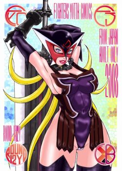 Rule 34 | 1girl, 2008, aki kyouma, arms up, blonde hair, blue eyes, boots, breasts, cattleya (queen's blade), cattleya (queen's blade) (cosplay), cosplay, doronjo, elbow gloves, english text, engrish text, female focus, gloves, large breasts, leotard, lipstick, long hair, looking at viewer, makeup, mask, no bra, parted lips, purple eyes, ranguage, red lips, sideboob, solo, text focus, thigh boots, thighhighs, very long hair, yatterman