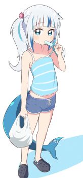 1girl black_footwear blue_eyes blue_hair blue_shorts blunt_bangs collarbone crocs fins fish_tail food food_in_mouth full_body gawr_gura hair_bobbles hair_ornament highres holding holding_food holding_popsicle hololive hololive_english long_hair looking_at_viewer lurkingkaos multicolored_hair popsicle popsicle_in_mouth shark_girl shark_tail shorts simple_background solo streaked_hair tail virtual_youtuber white_background white_hair