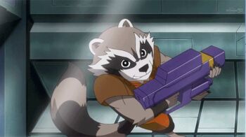 1boy 1girl animated animated_gif disk_wars_avengers gun holding holding_weapon jessica_shannon jumping looking_at_another marvel raccoon rocket_raccoon running weapon