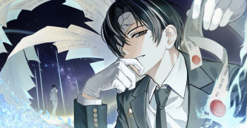 Rule 34 | 1boy, absurdres, black hair, black necktie, blue fire, blue flower, collared shirt, commentary request, enchaku, fire, flower, gloves, highres, index (identity) (project moon), korean commentary, limbus company, looking at viewer, multicolored hair, necktie, night, parted bangs, parted lips, project moon, shirt, sky, solo, star (sky), starry sky, streaked hair, upper body, wax seal, white gloves, white shirt, white streaks, yi sang (project moon)