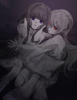 Rule 34 | 2girls, bow, detached sleeves, furude rika, hakama, hakama skirt, hanyuu, highres, higurashi no naku koro ni, horns, japanese clothes, long hair, looking at viewer, miko, multiple girls, nasu (nasuotabe), protecting, purple eyes, red eyes, shirt, skirt