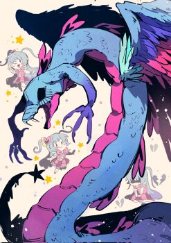 Rule 34 | 1girl, black eyes, blue hair, blue skin, blush, broken heart, colored skin, dragon girl, heart, highres, lobotomy corporation, multicolored wings, project moon, queen of hatred, sabaage, scales, snake tail, tail, wings