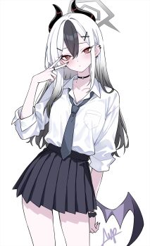 1girl alternate_costume alternate_hairstyle black_choker black_hair black_horns black_skirt blue_archive blush breast_pocket choker collarbone commentary_request cowboy_shot demon_horns demon_wings dress_shirt ear_piercing gradient_hair grey_halo grey_necktie gyaru halo highres horns kayoko_(blue_archive) long_hair looking_at_another looking_at_viewer marisasu_(marisa0904) mole mole_on_collarbone multicolored_hair necktie piercing pleated_skirt pocket red_hair school_uniform shirt signature simple_background single_wing skirt sleeves_rolled_up solo swimsuit v watch white_background white_hair white_shirt wings wristwatch