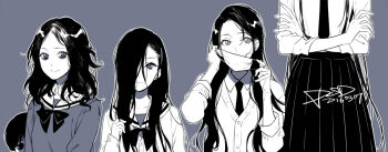 1boy 4girls black_hair child collared_shirt creepypasta crossed_arms facing_viewer glasgow_smile hair_over_one_eye hair_over_shoulder hasshaku-sama head_out_of_frame hiding hiding_behind_another japanese_urban_legends kuchisake-onna long_hair long_skirt looking_at_viewer mask messy_hair mouth_mask multiple_girls necktie pale_skin parted_bangs pleated_skirt psd ribbon saeki_kayako saeki_toshio_(ju-on) school_uniform serafuku shirt short_hair simple_background skirt smile surgical_mask tall_female the_grudge the_ring trait_connection upper_body very_long_hair yamamura_sadako