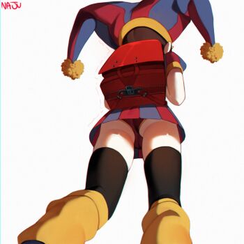 1girl absurdres ass asymmetrical_gloves backpack bag black_thighhighs blue_eyes blue_gloves blue_hat blue_skirt brown_hair female_focus from_behind from_below gloves hat hat_bell highres jester jester_cap jester_costume loli mismatched_gloves multicolored_eyes multicolored_hat multicolored_skirt najucaju_naju pale_skin panties pomni_(the_amazing_digital_circus) red_eyes red_gloves red_hat red_panties red_skirt skirt solo standing striped_clothes striped_headwear the_amazing_digital_circus thighhighs trembling two-tone_eyes underwear vertical-striped_clothes vertical-striped_headwear white_background