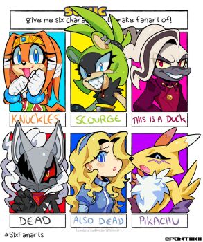 2boys 4girls :3 animal_ears bird_boy blood blue_eyes claws commentary crossover digimon digimon_(creature) dr._starline dress duck_boy english_commentary furry furry_female furry_male green_hair grin headband highres infinite_(sonic) long_hair maria_robotnik multiple_boys multiple_drawing_challenge multiple_girls open_mouth platypus_boy pontiikii ponytail red_eyes renamon sharp_teeth six_fanarts_challenge smile sonic_(series) sonic_adventure sonic_forces sonic_the_hedgehog_(idw) surge_the_tenrec tail teeth tikal_the_echidna very_long_hair