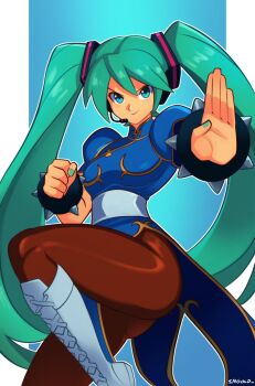 1girl aqua_eyes aqua_hair aqua_nails artist_name blue_dress boots bracelet brown_pantyhose capcom china_dress chinese_clothes chun-li chun-li_(cosplay) commentary cosplay dress fighting_stance hair_between_eyes hatsune_miku headset highres jewelry lace-up_boots long_hair looking_at_viewer pantyhose pelvic_curtain puffy_short_sleeves puffy_sleeves short_sleeves smgold solo spiked_bracelet spikes street_fighter twintails very_long_hair vocaloid white_boots