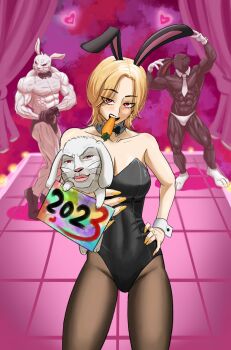 Rule 34 | 1girl, 2023, 2boys, animal, animal ears, animal nose, biting, black bow, black bowtie, black gloves, black male underwear, black panties, black rabbit (animal), blonde hair, bow, bowtie, breasts, carrot, checkered floor, child's drawing, chinese zodiac, cleavage, cleavage cutout, clothing cutout, colorized, commentary, curtains, drawing (object), dynamic pose, english commentary, eyelashes, fake animal ears, floor, furry, furry male, gloves, gradient background, grid background, hair between eyes, heart, highres, holding, holding animal, holding drawing, jojo pose, male thong, male underwear, medium breasts, multicolored eyes, multiple boys, muscular, muscular arms, muscular male, necktie, on floor, open mouth, original, panties, pantyhose, pectorals, pink background, pink eyes, playboy bunny, purple background, rabbit, rabbit ears, rabbit footwear, rabbit pose, rabbit tail, red background, red eyes, reflective floor, seductive smile, short hair, shredded muscles, simple background, smile, stage lights, standing, tail, teeth, thong, tile floor, tiles, underwear, upper teeth only, vurnillust, white gloves, white male underwear, white necktie, white rabbit (animal), year of the rabbit