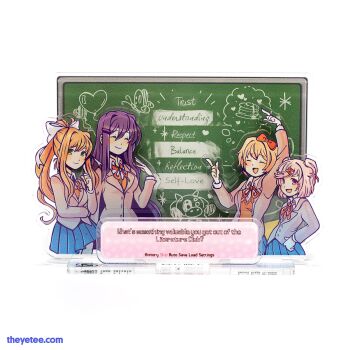 4girls acrylic_stand_(medium) arm_up artist_request blazer blue_skirt blush bow breasts brown_hair chalk_drawing chalkboard closed_eyes closed_mouth collared_shirt commentary dialogue_box doki_doki_literature_club doki_doki_literature_club_school_uniform english_commentary english_text green_eyes grey_jacket hair_bow hair_intakes hair_ornament hair_ribbon hairclip heart highres index_finger_raised jacket long_hair long_sleeves merchandise_available monika_(doki_doki_literature_club) multiple_girls natsuki_(doki_doki_literature_club) neck_ribbon official_art open_clothes open_jacket open_mouth orange_sweater_vest photo_(medium) pink_eyes pink_hair ponytail purple_hair red_bow red_ribbon ribbon sayori_(doki_doki_literature_club) school_uniform second-party_source shirt short_hair sidelocks simple_background skirt smile sweater_vest two_side_up watermark web_address white_background white_ribbon white_shirt yuri_(doki_doki_literature_club)