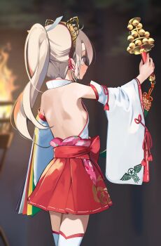 1girl animal_ear_hairband animal_ears areola_slip back bell blush breasts cat_ears commentary_request detached_sleeves fake_animal_ears fate/grand_order fate_(series) hairband highres illyasviel_von_einzbern illyasviel_von_einzbern_(in_shumura_miko) japanese_clothes jingle_bell kagura_suzu kimono long_hair nontraditional_miko official_alternate_costume pei_iriya ponytail red_eyes red_skirt sideboob sidelocks skirt sleeveless sleeveless_kimono small_breasts solo thighhighs thighs white_hair white_kimono white_thighhighs wide_sleeves