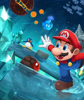 1boy :d absurdres bird blue_eyes blue_overalls brown_hair brown_shoes character_request crystal facial_hair gloves hat highres ice long_sleeves male_focus mario mario_(series) mustache nintendo open_mouth outdoors overalls penguin red_hat red_shirt sasaki_sakiko shirt shoes short_hair sky smile sparkle standing standing_on_one_leg star_(sky) starry_sky twitter_username white_gloves