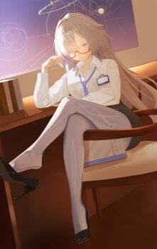 1girl absurdres alternate_costume black_skirt collared_shirt colored_eyelashes commentary earrings glasses grey_hair hair_over_one_eye halo hand_up high_heels highres id_card jewelry long_hair looking_at_viewer luckyyeah mornye_(wuthering_waves) necktie purple_necktie red-framed_eyewear red_eyes see-through_body semi-rimless_eyewear shirt skirt solo tacet_mark_(wuthering_waves) triangle_earrings under-rim_eyewear white_shirt wuthering_waves