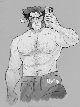 1boy abs arm_hair bara blush bulge cropped_legs greyscale hairy highres large_pectorals male_focus marvel mature_male monochrome morti_td muscular muscular_male navel navel_hair nipples pectorals puff_of_air selfie short_hair solo standing stomach strongman_waist topless_male tsurime wolverine_(x-men) x-men