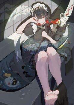 1girl bangboo_(zenless_zone_zero) black_dress black_hair black_pantyhose breasts candy closed_mouth clothed_bath colored_inner_hair commentary_request dress elbow_rest ellen_joe fins fish_tail food graffiti hairband highres holding holding_weapon in_bathtub in_water indoors large_breasts lollipop looking_at_viewer maid_headdress metal_hairband mole mole_under_eye multicolored_hair nail_polish one_eye_closed pantyhose razor_blade_hair_ornament red_eyes red_nails rubber_duck rubbing_eyes scar scar_on_tail shark_girl shark_oo24 shark_tail sharkboo_(zenless_zone_zero) short_hair single_bare_foot solo_focus spiked_headband tail toenail_polish toenails unworn_pantyhose water weapon wet wet_clothes zenless_zone_zero