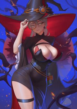 1girl absurdres bare_tree belt black_belt black_hat black_shirt black_skirt black_straps blue_sky bra breasts brown_ribbon check_clothing cleavage_cutout clothing_cutout clothing_request commentary cowboy_shot diabellstar_the_black_witch duel_monster earrings english_commentary hair_between_eyes hat hat_ornament hat_ribbon hat_tip highres jewelry large_breasts long_hair looking_at_viewer monocle oversized_hat pencil_skirt rainz red_bra ribbon shirt skirt sky smile solo thigh_strap tree twilight underwear very_long_hair white_hair witch witch_hat yellow_eyes yu-gi-oh!