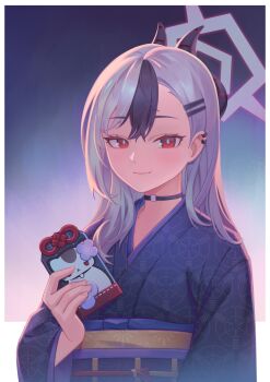 1girl absurdres animal_print atokani black_choker black_hair black_kimono blue_archive blush border bright_pupils cat_print choker closed_mouth commentary demon_girl demon_horns earclip eyelashes grey_hair grey_halo hair_behind_ear hair_ornament hairclip halo hand_up highres horns japanese_clothes kayoko_(blue_archive) kayoko_(new_year)_(blue_archive) kimono long_hair long_sleeves looking_at_viewer mole mole_on_neck multicolored_hair official_alternate_costume official_alternate_hairstyle parallel_hairclips print_kimono red_eyes simple_background smile solo two-tone_hair upper_body wheel_print white_border white_pupils wide_sleeves