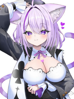 1girl :3 ahoge animal_ear_fluff animal_ears arm_under_breasts arm_up beret black_coat black_hat breasts cat_ears cat_girl cat_tail cleavage cleavage_cutout closed_mouth clothing_cutout coat commentary_request crossed_bangs double-parted_bangs hair_between_eyes hat highres hololive large_breasts long_sleeves looking_at_viewer medium_hair multicolored_hair neck_ribbon nekomata_okayu nekomata_okayu_(wonderland) official_alternate_costume official_alternate_hairstyle purple_eyes purple_hair purple_ribbon ribbon shirt simple_background solo streaked_hair swept_bangs tail torakichi_888 upper_body virtual_youtuber white_background white_shirt