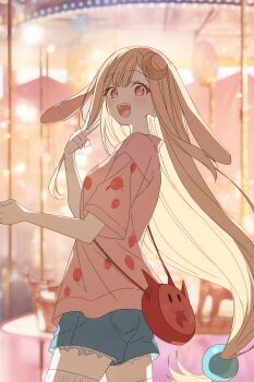 Rule 34 | 1girl, absurdres, animal ears, blonde hair, blush, cho kaguya-hime!, commentary request, fxds ai, hair ornament, highres, kaguya (cho kaguya-hime!), long hair, looking at viewer, open mouth, rabbit ears, red eyes, shorts, standing, v
