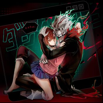1boy 1girl arm_around_neck arm_around_waist ayase_momo barefoot black_choker black_jacket black_nails black_pants blue_skirt brown_hair brown_shoes choker collared_shirt crossed_bangs dandadan earrings facial_mark full_body furrowed_brow glasses hair_between_eyes hetero highres jacket jewelry jojoker20092 loose_socks medium_hair midriff_peek multicolored_hair nail_polish pants pants_rolled_up parted_bangs pink_sweater pleated_skirt red_eyes red_hair round_eyewear school_uniform shirt shirt_under_sweater shoes short_hair skirt socks straddling streaked_hair sweater takakura_ken_(dandadan) takakura_ken_(transformed)_(dandadan) teeth wavy_hair white_hair white_socks