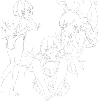 1girl absurdres apron apron_flip arm_rest backless_dress backless_outfit bare_legs barefoot blush bottomless bow_apron china_dress chinese_clothes convenient_leg crossed_ankles curled_fingers dot_nose dress expressionless feet flat_chest flipped_hair foot_out_of_frame from_above from_behind hair_between_eyes hair_flaps halterneck hand_on_own_chin hand_up hands_up head_rest highres kneepits knees_apart_feet_together leaning_forward leaning_on_object leotard lineart long_hair looking_at_viewer lying monogatari_(series) multiple_views naughty_face navel neck_ribbon on_back on_stomach oshino_shinobu playboy_bunny pleated_skirt pointy_ears rabbit_tail raised_inner_eyebrows ribbon shishirui_san side-tie_dress simple_background skirt skirt_flip smile smirk soles standing strapless strapless_leotard tail the_pose toenails v very_long_hair white_background