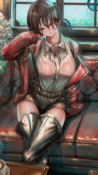 1girl absurdres armpits bare_shoulders belt black_belt black_boots black_hair black_shorts blush boots breasts brown_eyes coffee_mug collarbone collared_shirt commentary_request couch covered_erect_nipples crossed_legs cup dot_nose feet_out_of_frame flower hair_between_eyes hand_up highres indoors jacket large_breasts looking_at_viewer mug no_bra on_couch open_clothes open_jacket original parted_lips rain red_jacket see-through_clothes shirt short_hair short_shorts shorts sitting sleeveless sleeveless_shirt soleil_(soleilmtfbwy03) solo strap table thigh_boots thighs tomboy wet wet_clothes wet_hair wet_shirt wet_shorts white_flower white_shirt window