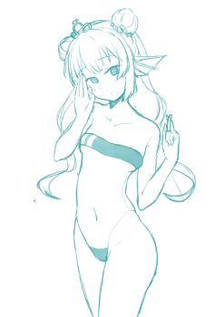 1girl absurdres alternate_costume aqua_theme bare_shoulders breasts casual_one-piece_swimsuit closed_mouth collarbone covered_navel cowboy_shot crossed_fingers double_bun finana_ryugu fins fish_girl flower gris_swimsuit groin hair_bun hair_flower hair_ornament hands_up head_fins head_tilt highleg highleg_one-piece_swimsuit highres long_hair looking_at_viewer monochrome nijisanji nijisanji_en one-piece_swimsuit see-through_clothes see-through_one-piece_swimsuit simple_background sketch small_breasts smile solo standing strapless strapless_one-piece_swimsuit swimsuit tiara twintails underboob virtual_youtuber white_background yarashi_thought