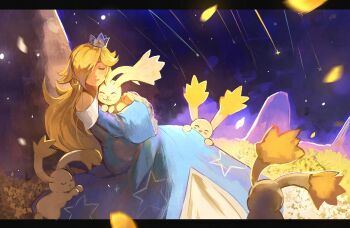 absurdres aqua_dress brooch crown dress earrings elidyss grey_crown hair_over_one_eye highres jewelry mario_(series) nintendo off-shoulder_dress off_shoulder rosalina silver_crown star_(symbol) star_bit star_brooch star_earrings star_wand super_mario_galaxy