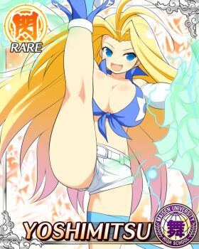 1girl :d antenna_hair blonde_hair blue_eyes blue_ribbon blue_skirt border breasts card_(medium) character_name cheerleader cleavage detached_sleeves electricity game_cg hair_intakes high_heels holding holding_pom_poms large_breasts leg_ribbon leg_up long_hair looking_at_viewer official_art open_mouth parted_bangs pom_pom_(cheerleading) pom_poms ribbon senran_kagura senran_kagura_new_wave shirt shorts shuriken_print skirt sleeveless sleeveless_shirt smile solo standing standing_on_one_leg thigh_ribbon tied_shirt white_shorts yoshimitsu_(senran_kagura)