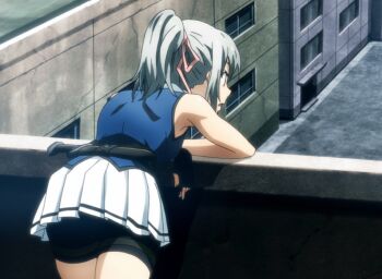 1girl absurdres black_gloves black_shorts blue_eyes blue_vest bluesy_fluesy bow collared_shirt female_focus from_behind gloves grey_hair hair_bow hair_ribbon highres knife knife_sheath legs long_hair miniskirt open_mouth outdoors pink_bow pink_ribbon pleated_skirt ponytail ribbon sexually_suggestive sheath shirt shirt_under_vest shorts skirt sleeveless solo solo_focus taboo_tattoo thighs vest weapon white_shirt white_skirt