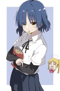 blunt_bangs blush bocchi_the_rock! commentary_request doritos doritos_hair_(meme) eating highres holding ijichi_nijika looking_at_viewer maho_ron1 meme short_hair simple_background skirt standing yamada_ryo