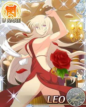 2girls aimu_(senran_kagura) aquarius_(symbol) aries_(symbol) armpits ass blue_shirt border breasts brown_eyes butt_crack cancer_(symbol) capricorn_(symbol) card_(medium) chair chandelier character_name cocktail_dress cream cream_on_face curled_ends curly_hair dodecagram dress english_text fighting flower food food_fight food_on_face food_on_head fork gemini_(symbol) holding holding_fork holding_shawl large_breasts leaf leo_(senran_kagura) leo_(symbol) libra_(symbol) median_furrow multiple_girls object_on_head official_art petals pie pisces_(symbol) red_dress red_flower red_rose rose rose_petals sagittarius_(symbol) scorpio_(symbol) senran_kagura senran_kagura_new_wave shawl shirt sideboob sparkle standing table taurus_(symbol) throwing throwing_food throwing_pie virgo_(symbol) zodiac_wheel