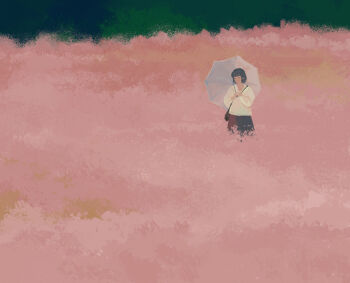 1girl bag bangqiao_yan black_hair black_skirt blunt_bangs bob_cut closed_eyes field flower flower_field head_tilt holding holding_umbrella hood hood_down hoodie original pink_flower short_hair shoulder_bag skirt solo umbrella white_hoodie