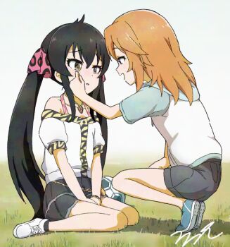 2girls :d aayh animal_print ball bare_shoulders between_legs black_hair black_shorts black_skirt black_socks blue_footwear brown_eyes collarbone commentary_request hair_between_eyes hair_ribbon hand_between_legs hood hood_down hoodie idolmaster idolmaster_cinderella_girls idolmaster_cinderella_girls_u149 jacket leopard_print long_hair matoba_risa multiple_girls off-shoulder_jacket off_shoulder on_grass open_mouth orange_hair parted_lips pink_ribbon print_ribbon puffy_short_sleeves puffy_sleeves raglan_sleeves ribbon shoe_soles shoes short_shorts short_sleeves shorts skirt smile soccer_ball socks squatting tears twintails very_long_hair white_footwear white_hoodie white_jacket wiping_tears yuuki_haru