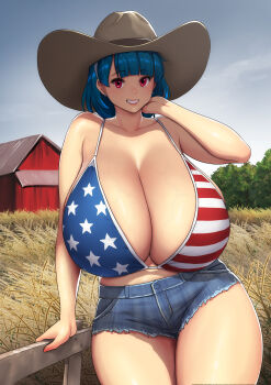 1girl absurdres american_flag american_flag_bikini american_flag_print bare_shoulders bikini blue_hair blue_sky blush breasts cleavage cloud collarbone commentary cowboy_hat cowboy_shot curvy day denim denim_shorts earrings english_commentary erkaz farm flag_print flag_print_bikini fourth_of_july gigantic_breasts hairband hat highres huge_breasts jewelry looking_at_viewer medium_hair navel original outdoors print_bikini print_swimsuit red_eyes rina_atherina rural scenery short_hair short_shorts shorts sky smile solo swimsuit thick_thighs thighs united_states veins veiny_breasts white_hairband