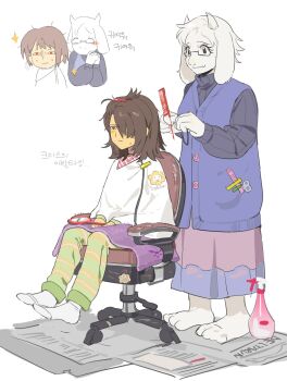 1girl 1other animal_ears barefoot black_eyes brown_hair buttons chair colored_skin comb deltarune eonhobagje28392 full_body furry furry_female glasses goat_ears goat_girl goat_horns hair_over_one_eye hair_tie hairdressing highres holding holding_comb holding_hair_tie horns kris_(deltarune) mother_and_child multiple_views one_eye_covered purple_vest red_eyes semi-rimless_eyewear sitting smile socks standing sweatdrop toriel under-rim_eyewear utdr_(toby_fox) vest white_background white_socks yellow_skin