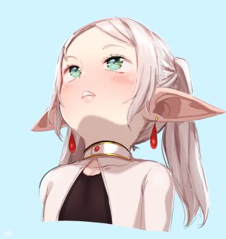 1girl black_shirt blue_background blush born-to-die collarbone dress earrings elf frieren green_eyes jewelry long_hair long_sleeves looking_up meme parted_lips pointy_ears shirt sousou_no_frieren standing teeth twintails upper_body upward_angle_frieren_drawing_(meme) white_dress white_hair