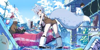 2girls absurdres ahoge animal_ear_fluff animal_ears antenna_hair baby_animal bare_shoulders barefoot bird blue_fur blue_hair boots broken brown_overalls chick flood fox_ears fox_girl fox_tail gloves green_eyes hammer highres holding holding_hammer kimhiro looking_back multiple_girls off_shoulder open_mouth original otter overalls post-apocalypse ruins shirt sitting smile soda solo_focus tail vending_machine white_boots white_hair white_shirt