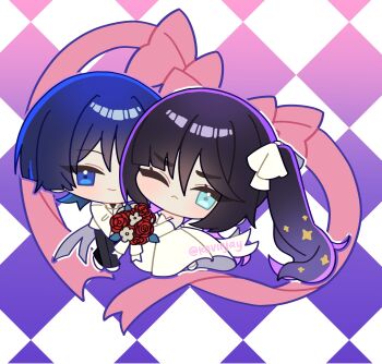 1boy 1girl :&lt; absurdres alternate_costume aqua_eyes argyle_background asymmetrical_bangs bare_shoulders black_hair black_pants blue_eyes blue_hair blunt_bangs blunt_ends bouquet bow chibi closed_mouth coattails collared_shirt contemporary dress elbow_gloves flower formal_clothes genshin_impact gloves gradient_hair hair_between_eyes hair_bow hetero highres holding holding_bouquet husband_and_wife koviiy leaning_back long_hair long_sleeves looking_at_viewer mona_(genshin_impact) multicolored_hair one_eye_closed pants pink_bow red_flower red_rose rose scaramouche_(genshin_impact) shirt smile star_(symbol) star_print strapless strapless_dress twintails twitter_username wedding white_bow white_dress white_gloves white_shirt white_sleeves wispy_bangs