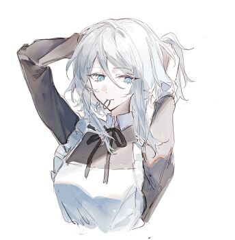 1girl absurdres apron black_dress black_ribbon blue_eyes bochishiraita character_request check_character collared_shirt commentary_request cropped_torso dress faust_(project_moon) frilled_apron frills hair_between_eyes hands_up highres limbus_company looking_to_the_side medium_hair project_moon ribbon shirt solo tying_hair white_apron white_background white_hair white_shirt wuthering_heights_(identity)_(project_moon)