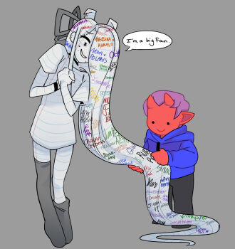 1boy 1girl asymmetrical_legwear atlas_anarchy atlas_anarchy_(artist) blue_hoodie bracelet closed_mouth colored_skin commentary demon_boy english_commentary english_text eyelashes full_body grey_background grey_pants grey_ribbon hair_over_one_eye hair_ribbon hair_writing height_difference highres holding hood hood_down hoodie horns indie_virtual_youtuber jewelry lined_paper long_hair long_sleeves nervous_sweating own_hands_together pants pointy_ears purple_hair ribbon rubberross_(demon) shirt short_hair short_sleeves signature signing simple_background skin-covered_horns smile solid_circle_eyes speech_bubble standing sweat very_long_hair virtual_youtuber white_hair white_shirt white_skin writing