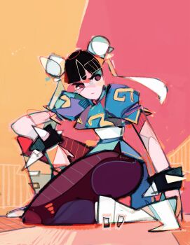 1girl alt_text artist_name black_hair boots bracelet breasts brown_eyes bun_cover capcom china_dress chinese_clothes chun-li double_bun dress hair_bun highres jewelry looking_to_the_side michaelfirman narrow_waist no_pupils pantyhose simple_background solo spiked_bracelet spikes street_fighter thick_thighs thighs